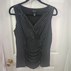White House Black Market Black White Sleeveless Polka Dot Ruched Tank Top Large